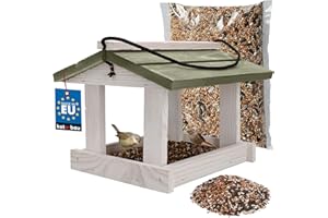 KOTARBAU® Mangiatoia Uccelli da Esterno - Legno - 23.5x21x18 cm - Bianco & Grigio - Casetta Per Uccellini Selvatici - 0.5 kg Cibo Uccelli Selvatici - Decorazione Da Giardino In Legno