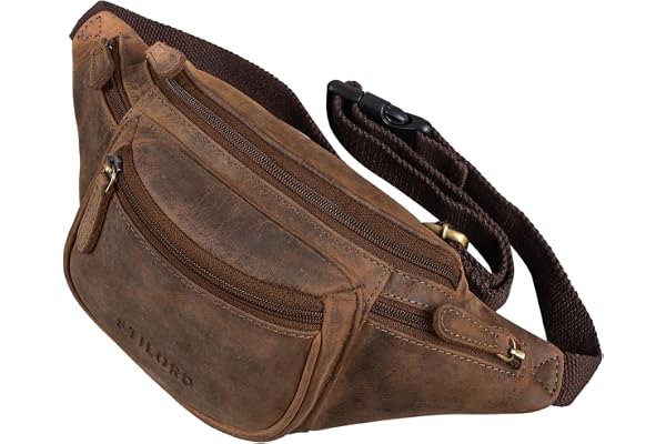 STILORD Eliah Vintage Sac Banane en Cuir Ceinture Réglable Poche Ventrale Sacoche Banane idéal Sport Voyages Quotidien Durable Couleur:Cognac - Marron foncé
