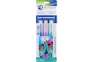 Brilliant Kids Cepillo de dientes para niños de 5 a 9 años, cuando aparecen dientes de adultos, sin BPA, microcerdas superfinas, limpia la boca alrededor, Royal-Púrpura-Verde azulado, 3 Count