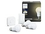 Philips Hue White Starter Kit con 3 Lampadine LED E27, 1 Bridge e 1 Telecomando Dimmer Switch, luce bianca calda, 9W