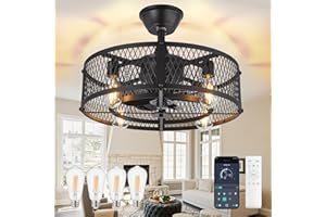 ‎DINGLILIGHTING Caged Deckenventilator mit Licht: 20" Bauernhaus Kronleuchter mit Licht und Fernbedienung APP Control - Schwarz Leise DC Motor Rustic Kronleuchter mit Ventilator für Bedroon Küche Wohnzimmer Esszimmer