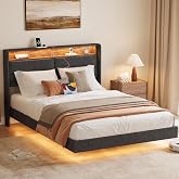 HAUSPROFI Floating Bed with Storage, LED Lights and Headboard with Storage Space, Linen Finish, Stable Slatted Base, Mattress