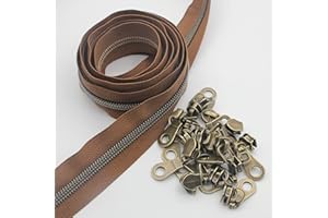 Leekayer #5 Antique Brass Metallic Nylon Coil Zippers by The Yard Bulk 10 Yards (Brown Tape with 25pcs Brass Sliders for DIY Sewing Tailor Craft Bag (Brown)