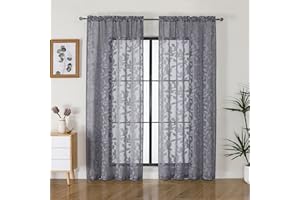 OVZME Grey Sheer Curtains 72 inches Long 2 Panels for Living Room, Jacquard Clip Leaf Pattern Textured Light Filtering Window Semi Sheer Voile Drapes for Bedroom, Each Panel 42 x 72 Inch