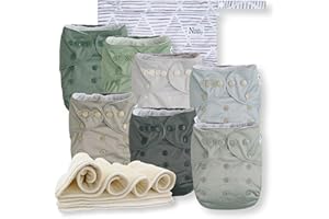 Baby Stoffwindeln 7er-Packung, 7 Stoffwindel Einlagen aus Bambus, 1 Windeltasche von Nora's Nursery – Wasserfeste Außenseite, Waschbar, Wiederverwendbar – Einheitsgröße – Morgentau