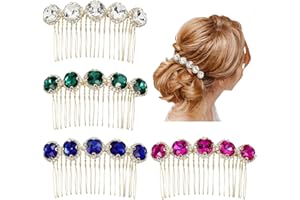 YOOSIT 4 Pack Jeweled Gems Crystal Rhinestone Glitter Sparkly Metal Side Hair Combs With Long Teeth Slide Hair Clips Barrettes French Twist Bun Chignon Thin Thick Hair Holder Accessories for Women