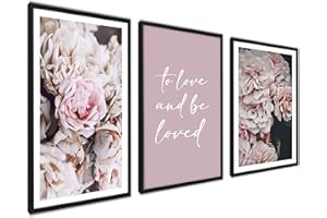 AG.ART DECO Zestaw 3 plakatów na ścianę - Piękne Kwiaty Zdjęcia Obrazy - 3szt. 40x50cm - Tryptyk rózowe kwiaty, napisy - bez ramek