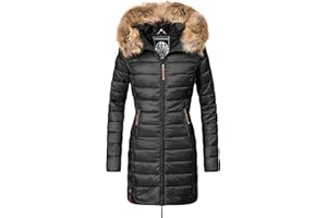 MARIKOO Damen Wintermantel warmer Steppmantel lang mit Kapuze und abnehmbarem Kunstfell-Kragen Rose XS-6XL