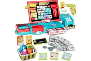 HYES Toy Till Cash Register with Scanner for Kids, Shopping Till Pretend Play, Real Calculator, Scanner, Credit Card, Play Money, Conveyor, Food Toys, Learning Toys Gifts for Toddler - Red
