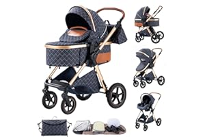 BEBBY Poussettes 3 en 1 Citadines Poussettes Combinées Poussette Poussettes Combinée Portable Pliant en Un Clic Poussette Canne Paysage Haut Cadre en Aluminium Pour Nouveau-né 0-36