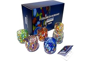 MAZZEGA ART & DESIGN - 6 Verres à Eau Goto, Soufflé et Fait Main avec Murrine de Murano Raffinée et Originale - Les Couleurs de Murano - Modèle Classique 320 ml. Fabriqué en Italie