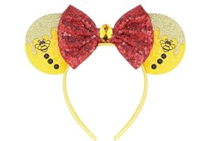 YUNISS Opaska do włosów z uszami myszy, błyszcząca opaska do włosów w kolorze czarnym z cekinami, czerwona kokardka z białymi kropkami, kostium księżniczki, akcesoria na imprezę dla dziewcząt i kobiet