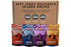 HUNTERS BILTONG Hunters Beef Snack 16 Pack Variety Beef Jerky, 448g Mixed Flavours - Grass Fed Beef Jerky Snack - Beef Strips - High Protein Snacks - Carnivore Snacks - Low Calorie - Meat Snacks Beef Crisps