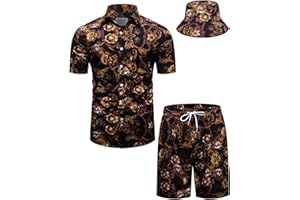 fohemr Herren barock 2-Teiliges Outfit Golden Chain Muster Hemd shorts mit Eimerhut Freizeitanzug Sommer Urlaub Strand set