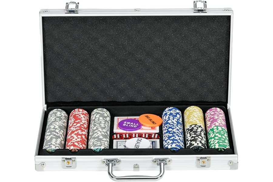 SPORTNOW 300-Piece Poker Chips Set with Aluminium Case, Holdem Poker Set with Mat, 11.5g Numbered Poker Chips, Two Decks of Cards, Dealer, Five Dices