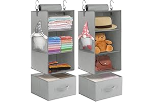 JUPELI Hanging Storage with 3 Shelves Closet Organiser, 2 Pack Over Door Storage with Hanging Pocket, Foldable Clothes Storage for Wardrobe, Metal Hooks, 2 Removable Hanging Shelves ,For Caravan,Bedroom