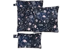 FanChose 3 Pcs Baby Wet Dry Cloth Diaper Bag, Reusable Diaper Wet Bag, Washable Diaper Nappy Bags Waterproof Travel Carry Bag, Foldable Portable Nappy Pouch, Galaxy 1