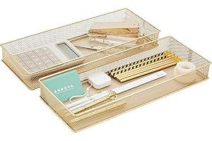 Annova Mesh Drawer Cabinet and Shelf Organizer Bins Storage Basket School Office Supply Holder Tray- Set of 2 (Gold, 38x15x5 cm)