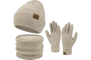 ZASFOU Damen Winter Beanie Mütze Schal Touchscreen Handschuhe Set Warme Wintermütze Loop Schal Schlauchschal Winterhandschuhe Weihnachten Geschenk für Frauen