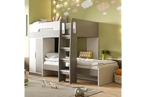 Flair Furnishings - Double Bunk Beds for Kids, Wooden Bunk Bed with Storage, Heavy Duty and Sturdy, Cosy, Stylish, Space Saving Design (White & Grey)