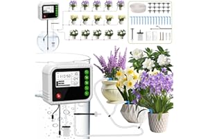 DREPINT Automatische Bewässerung Indoor, Bewässerungssystem für 15 Pflanzen, Gewächshaus Bewässerung wiederaufladbar mit 15M Schlauch, einstellbare Tropfbewässerung Modi für Indoor Balkon Urlaub