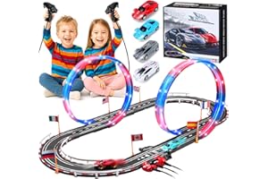 Charmofun Circuit Voiture Electrique, 50km/h Lumineuse Circuit Voiture Enfant 1:64 Piste Course - 4 LED Voitures, 360° Cercle, Prise, Compteur de Tours, Piste Voiture Enfant 6-12 Ans Jouets Cadeau (S)