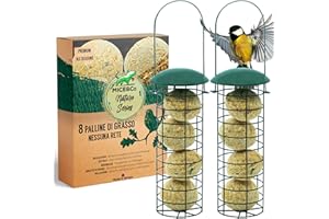 Mice&Co Mangiatoia per Uccelli da Esterno con Palle di Grasso – Casetta per Uccellini Giardino con Sfere di Lardo I Pack 2 Mangiatoie per Volatili e 16 Palline di Cibo