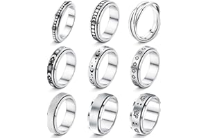 KALVICA 9 Stück Edelstahl Ringe für Dame Herren Spinner Ringe Silber Matt Finish Poliert Band Ringe Fidget Anxiety Ringe Moon Star Ehering Verlobungsringe Vintage Unisex Ring 49-62