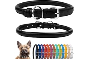 CollarDirect Rolled Leather Dog Collar, Soft Padded Round Puppy Collar, Handmade Genuine Leather Collar Dog Small Large Cat Collars Black Pink Red Purple Blue (Black, 15-18 cm)