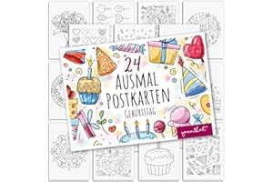 ‎YOUNIKAT younikat Geburtstag Postkarten zum Ausmalen 24 Stk. I DIN A6 I Kinder Erwachsene I zum Selbstgestalten I Birthday Geschenk-idee Entspannung I you0190
