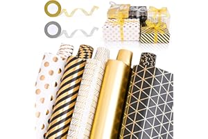 HOMIKLSA Papel de regalo negro y dorado, 5 rollos de papel de regalo (43 cm x 300 cm) con cinta adhesiva dorada para grandes festivales, cumpleaños infantiles, bodas, fiestas de bebés (Oro Negro A)
