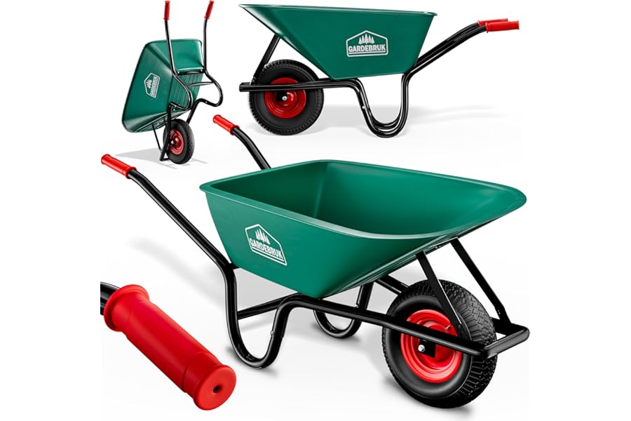 GARDEBRUK® Heavy Duty Wheelbarrow 100L | Pneumatic Tyre | 250KG Max Capacity | Steel Rim | Durable Garden Trolley for Transporting Grass Seed, Garden Tools, Compost, Mulch, Gravel | Green & Black