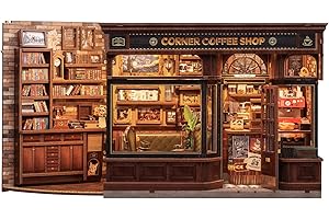 Fsolis DIY Book Nook zestaw do montażu i miniaturka, kreatywny prezent dla dorosłych i młodzieży, magiczna dekoracja z drewna 3D z podświetlanym domkiem dla lalek na (CORNER COFFEE SHOP)