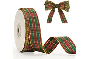 G2PLUS 25 Yard Nastro di Natale Rosso e Verde,Nastro di Tela Plaid Con Bordi Oro 25mm - Decorazione Regalo per Confezioni e Natale, Artigianato
