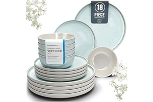 PURE LIVING INTERIOR DESIGN 18 Piece Dinner Sets for 6 People - Beautiful Mediterranean Style Stoneware Dinner Set for 6 - Dishwasher & Microwave Safe Plates and Bowls Set for 6 - Dinnerware Sets by Pure Living in Beige-Blue