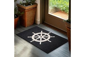 ‎BRUBAKER BRUBAKER Wycieraczka Zewnątrz i do Wnętrza - Koło Sterowe Niebiesko-Białe - 45 x 75 cm Mata Kokosowa 100% - Wodoodporna, Niebrudząca i Antypoślizgowa - Idealna do Wejścia i na Taras – Motyw Morski