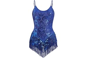 FYMNSI Lentejuelas Latina Baile Body Sin Mangas Brillo Borla Body de Mujer Maillot Leotard Overalls Maillot Leotardo Maillot XS-XL