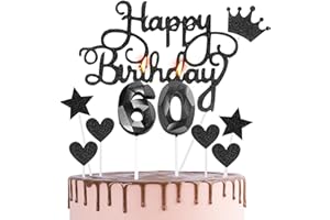 HONGCI Happy 60th Birthday Cake Topper & Birthday Candles Black Number 60 Candles for Birthday Cake - 60th Birthday Candles Cake Cupcake Topper Birthday Cake Decorations for Women Men Birthday Black
