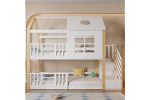 RIAZOS Kinderbett Etagenbett 90 x 200, Hausbett für 2 Kinder, Hochbett mit Lattenrost, Treppe und Rausfallschutz, Baumhaus Bett mit Fenster und Dach, Kiefer+MDF, Ohne Matratze