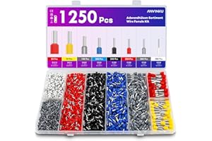 ANVINKU Aderendhülsen set, 1250 Stück Aderendhülsen Sortiment, 0,5 mm² - 10 mm² Aderendhülsen Set, Adernhülsenbox set für Drahtverbindung