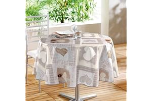 Douceur d'Intérieur, Nappe Ronde (Diamètre 160 cm) Cosy Coeur Naturel, PVC Imprimé