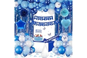 WEQTWL Blue Birthday Decorations with Happy Birthday Banner, Latex Confetti Star Heart foil Balloons, 3D Butterfly, Fringe Curtain, Tablecloth, Sash, Cake Topper, Pom Poms for Boys Men Party Supplies