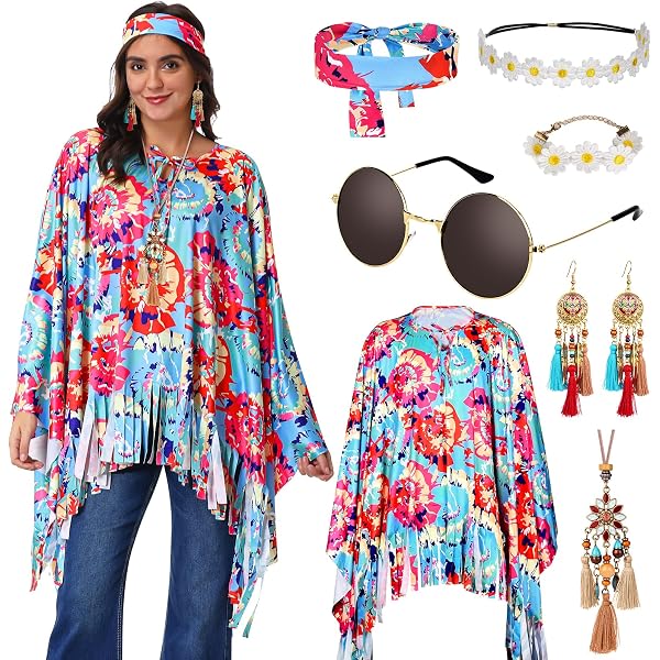 Déguisement Hippie Femme Lot De 6 Pièces - Poncho Flower Power, Bandeau, Collier Paix, Lunettes Et Accessoires Années 70