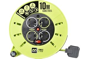 Masterplug Four Socket, 10 Metre Premium Cassette Reel, Medium Power Cable Extension Reel, Thermal Cut-Out & Power Indicator, Heavy Duty, Pro-XT, Grey/Green, 13A, 4G, 10m, CMU10134SL