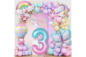 LAISLLA Unicorno Palloncini Decorazioni Compleanno 3 Anni, Palloncini Compleanno Farfalle, Palloncino Foil Arcobaleno, Addobbi Compleanno Bambina per 3 Anni Ragazze