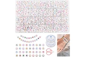 CoKeeSun 1400 Pièces Perle Lettre Colorée, 7*4 mm Acrylique Ronde Perles Lettres pour Bracelet, Perle Alphabet A-Z avec Sourire et Cœurs, Fil Elastique et Ciseaux, pour Bricolage, Fabrication, Bijoux