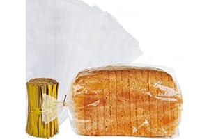 volila Bolsas Plástico para Pan - 20 x 10 x 45,5 cm - Paquete de 150 Bolsas para Pan - Bolsas Celofán Transparentes Ideales para Mantener el Pan Fresco - Con Alambres Dorados para el Cierre