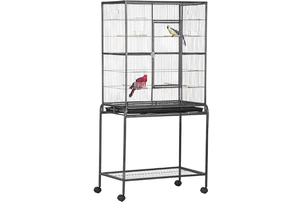 PawHut Cage à Oiseaux Portable avec 4 Mangeoires et 4 Perchoirs Pratique 77 x 47 x 163 cm Noir et Gris