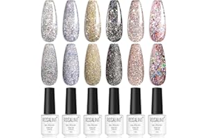 ROSALIND Esmaltes Semipermanentes Para Uñas en Gel UV LED, 6 Colores Plata Amarillo Negro Rosa Glitter Pintauñas Semipermanentes Para Principiantes Manicura