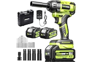 Robustrue Impact Wrench, 406Ft-lbs (550N.m) Brushless Cordless Impact Wrench 1/2, 2800RPM High Torque Impact Gun, 2X 4.0Ah Battery, 4 Sockets, 6 Drill, 6 Screws, Electric Impact Wrench for Car Home
